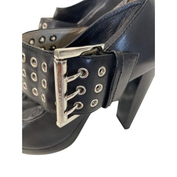 Michael Kors Black Leather Peep-Toe Heeled Booties With Buckle Strap Accents 8M - Picture 12 of 13